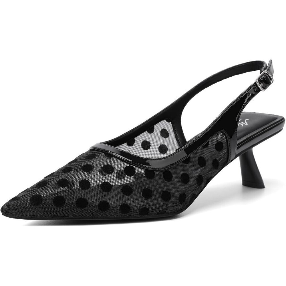 Women's Black Polka Pointed Toe Pumps Patent Leather Slingback Heels With Buckle